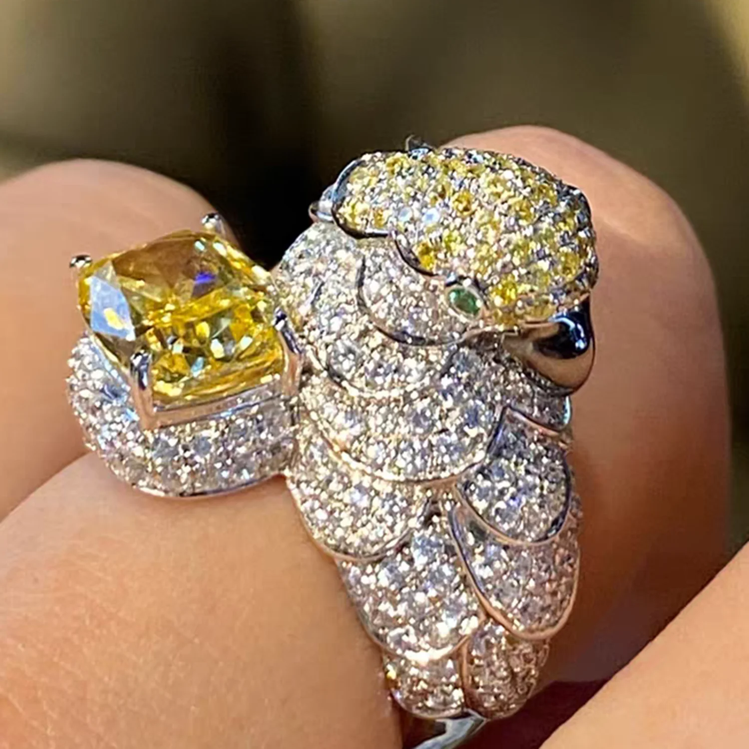 

Высококачественное роскошное серебряное кольцо 925, желтые кольца в форме попугая с выращенным в лаборатории драгоценным камнем для женщин, вечерние ювелирные изделия