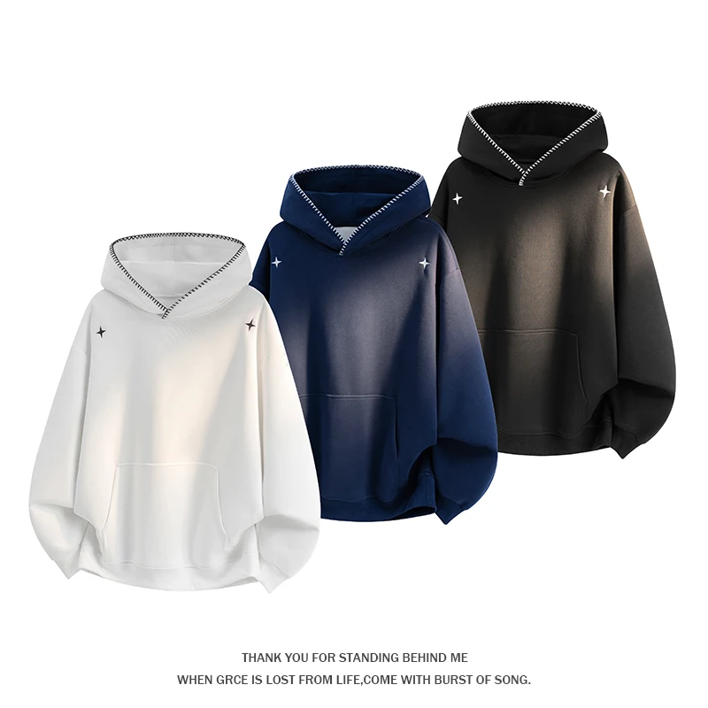 Oversized Hoodie Men Women Star Embroidery Pullover Sweatshirt Stitched Edge Hood Kangaroo Pocket Loose Streetwear Long Sleeve H