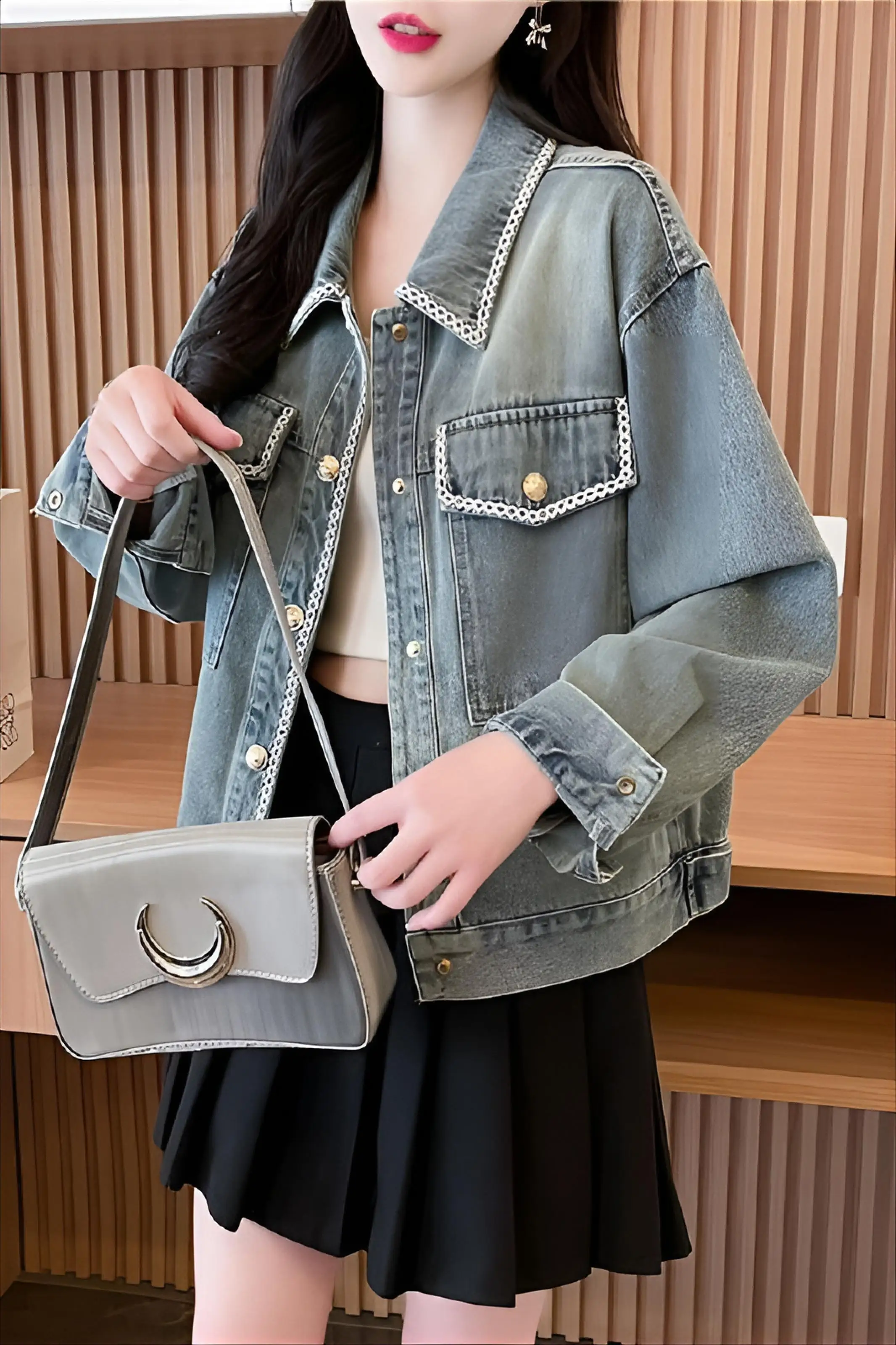 

Denim Coat Women Womens Summer Knitting Mini Balloon Sleeved Open-Front Hip-Pop Pocketed Outwears Airy Lightweight Layered