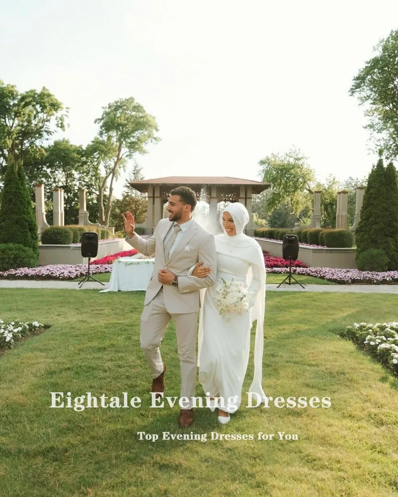 Eightale Arabic Wedding Dress Customized Ivory O-Neck Beaded Bridal Gown Long Sleeves Pearls Muslim Mermaid Bride Party Dress
