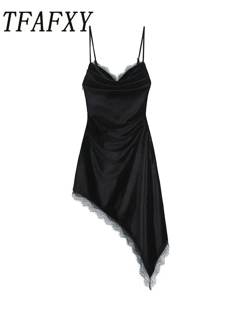TFAFXY Sexy Damen-Partykleid, 2026, Frühling, Samt, Spitze, Patchwork, V-Ausschnitt, asymmetrisches, schlankes, ärmelloses Minikleid