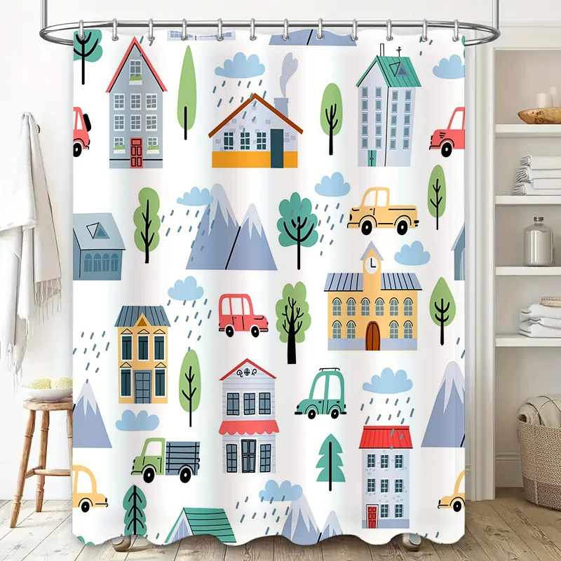 Rainy Day Cartoon Shower Curtain Modern House Car Print Waterproof Bath Mat Cover for Bathroom Decorations in Home Garden Access