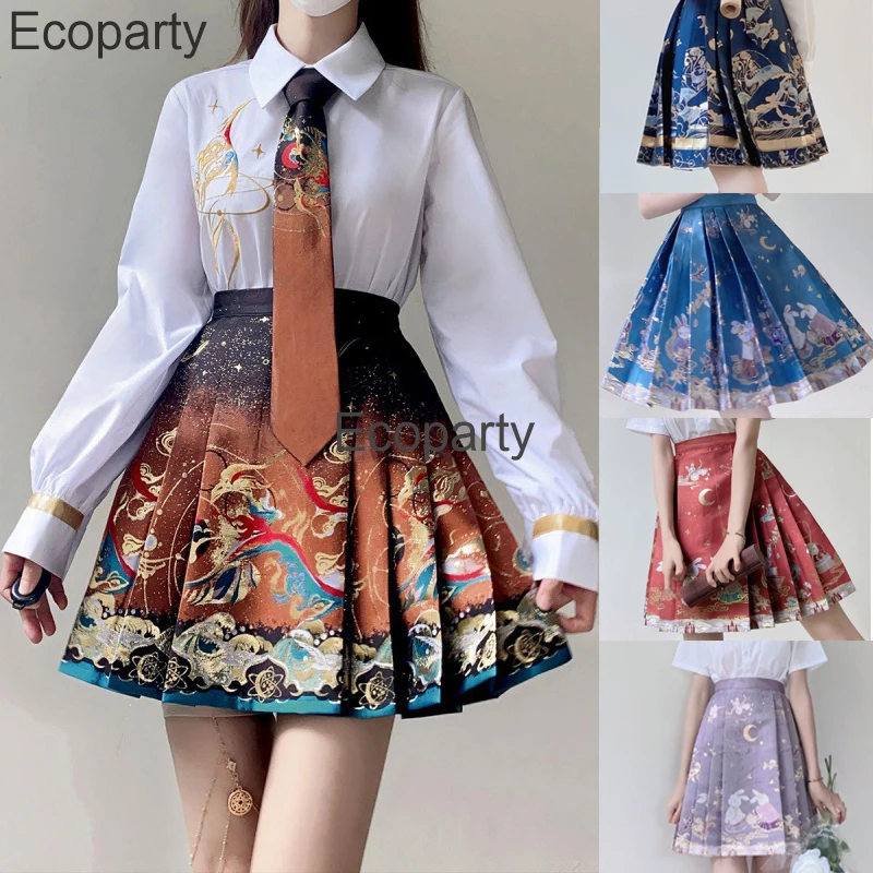 New Chinese Hanfu Costume Women Deluxe Printed Improved High Waist A-Line Jk Skirt Girls Lovely Chinese Style Pleated Mini Skirt