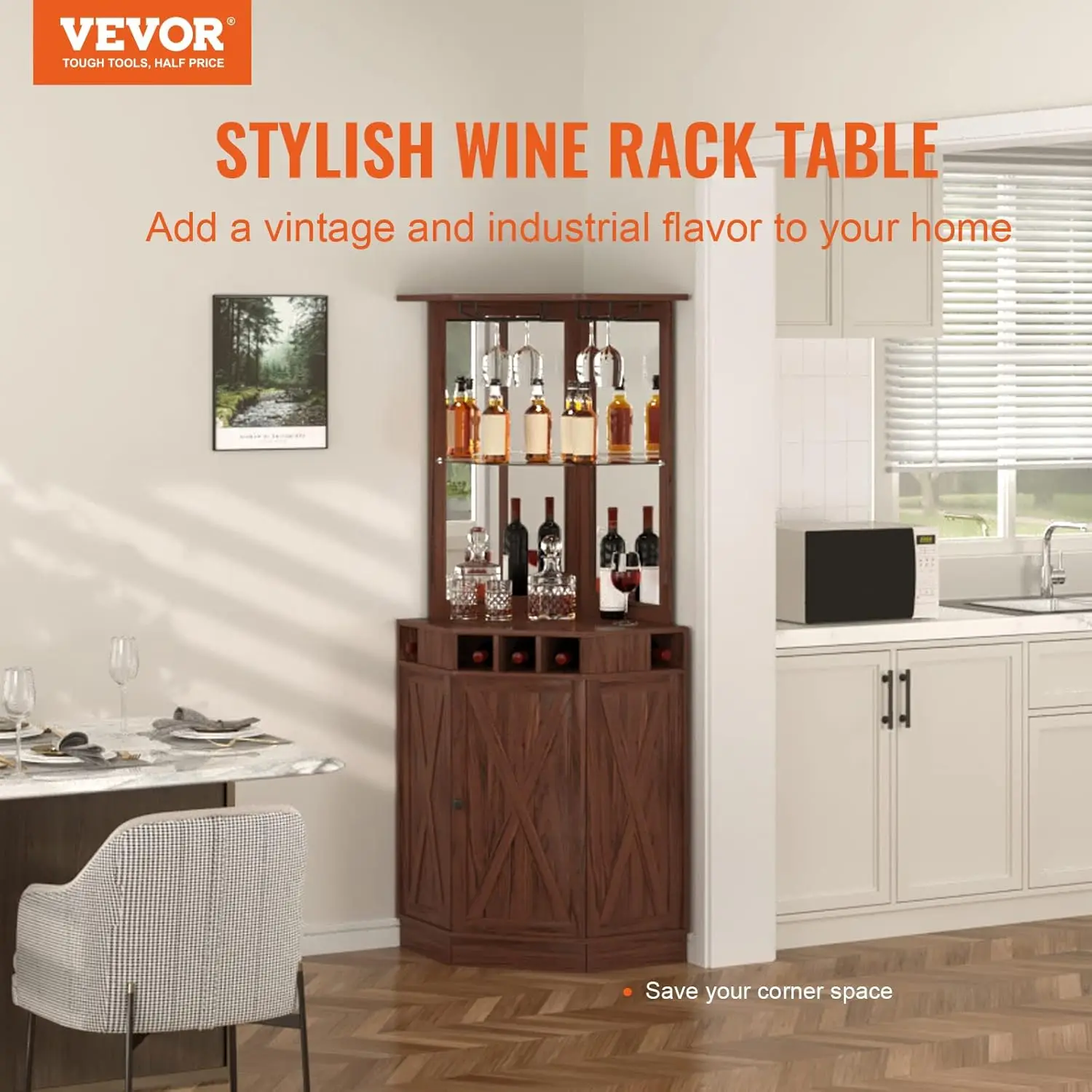 Vetor Corner Industrial Bar Cabinet, Wine Table per liquori e bicchieri, credenza Buffet Cabinet con supporto in vetro, Freestanding F