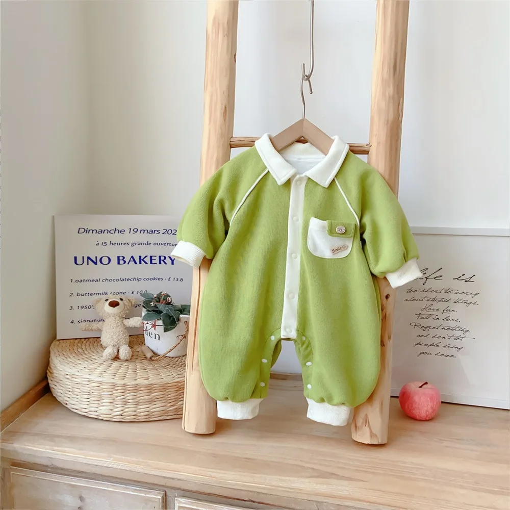 Stylish Polo Collar Jumpsuits Infant Newborn Boys Elevate Trendy Single Long Sleeve Colored  Breasted Jumpsuit