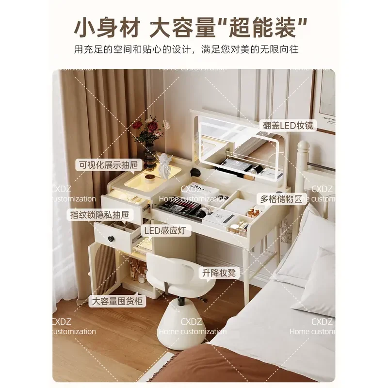 French Cream Style Flip Dresser Storage Cabinet with Lock Solid Wood 2 in 1 Desk Makeup Table with Hidden Mirror
