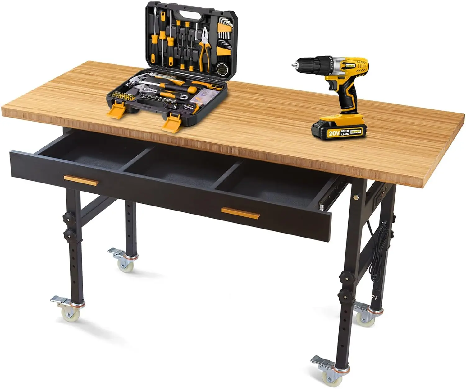 Work Bench, Adjustable Work Bench with Drawers | Wheels | Power Outlet, 2700 LBS Load Capacity 59.8