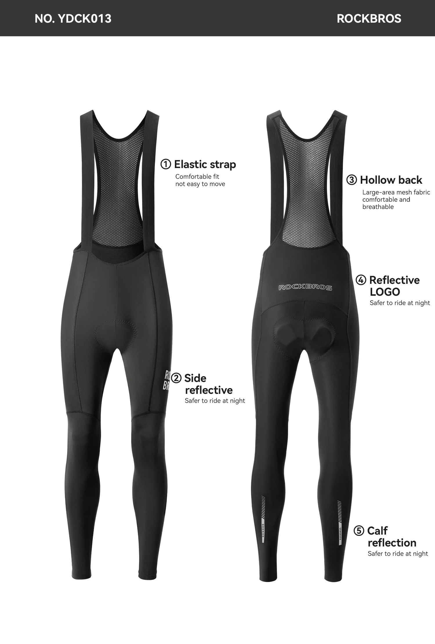 ROCKBROS Fahrrad-Latzhose, hochelastisch, bequem, Herren-Fahrradhose, Outdoor, schnelltrocknend, atmungsaktiv, reflektierende Latzhose – Detail 3