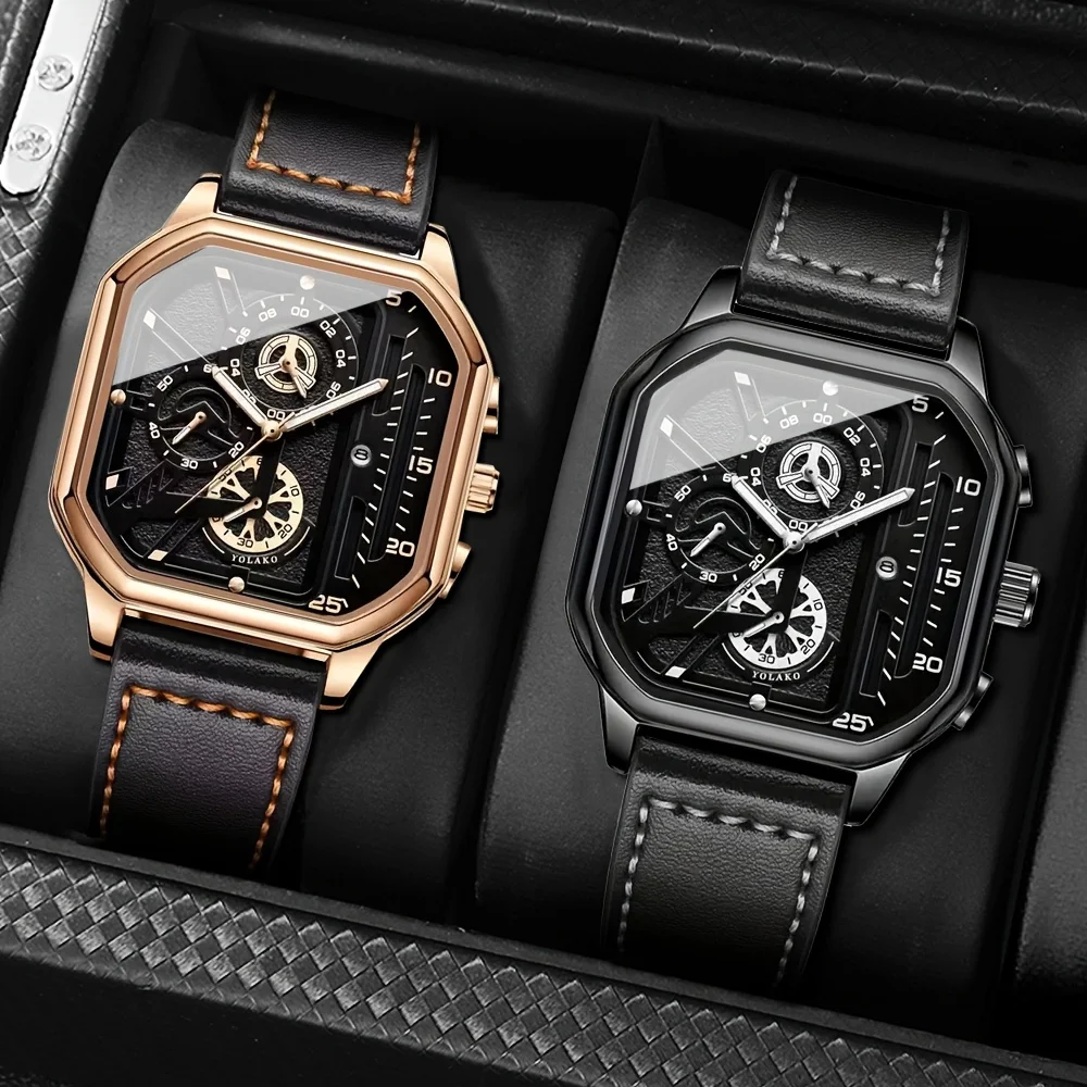 2-Piece Luxury Men's Quartz Watch Set with Calendar - PU Leather Strap Watches for Men