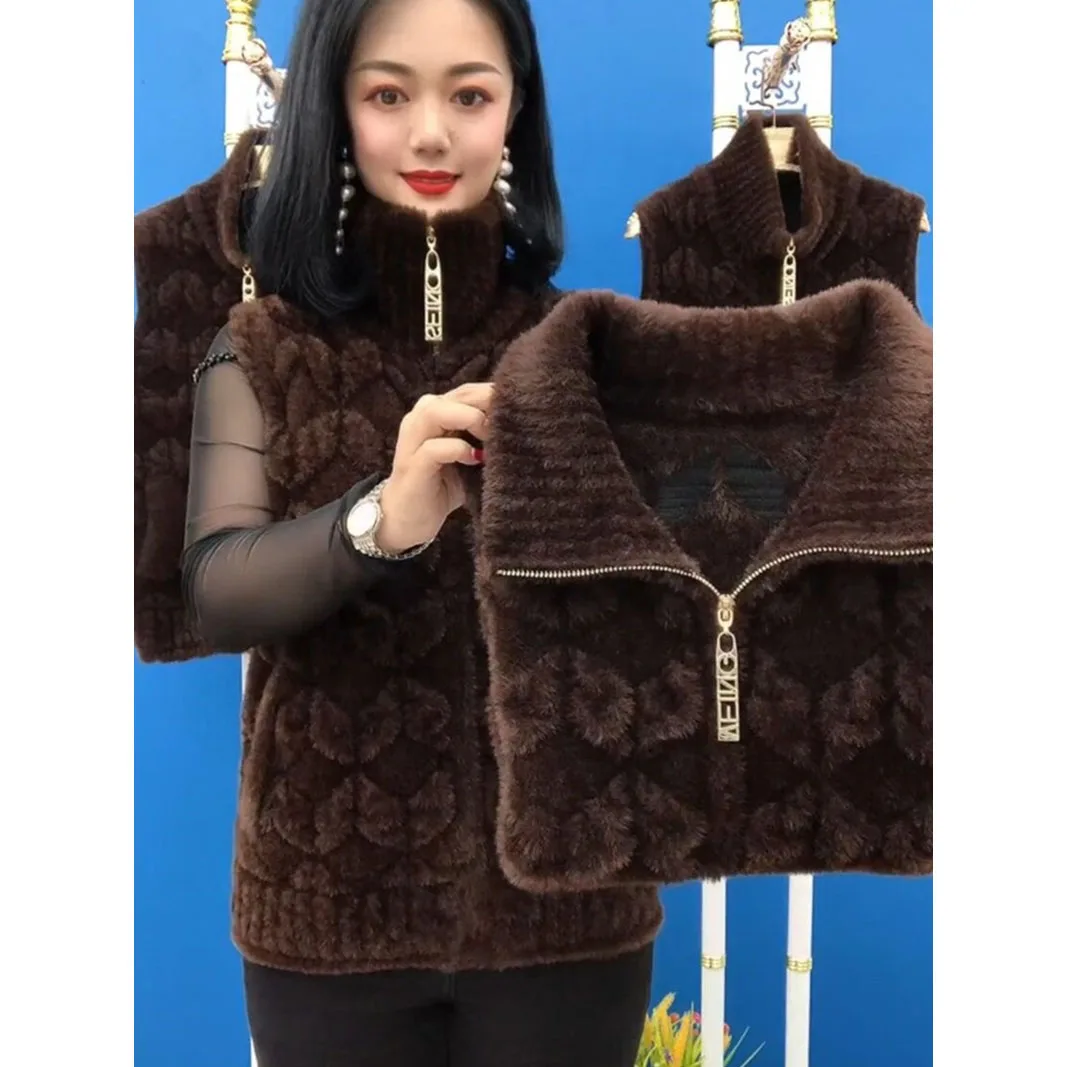 Chaleco sin mangas de terciopelo de imitación de visón para madre de mediana edad, chaqueta, cárdigan de punto grueso para otoño e invierno, suéter con cremallera, abrigo