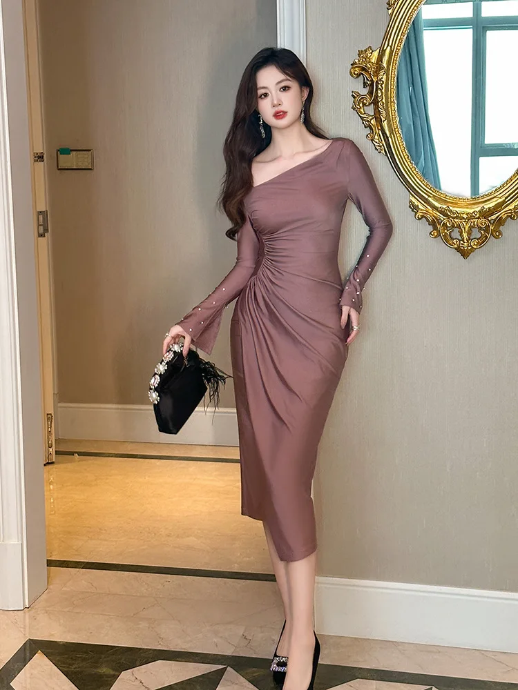 

Coigarsam Dresses For Women 2022 2024 New Office Lady Solid Flare Sleeve Zipper Folds Purple Dress