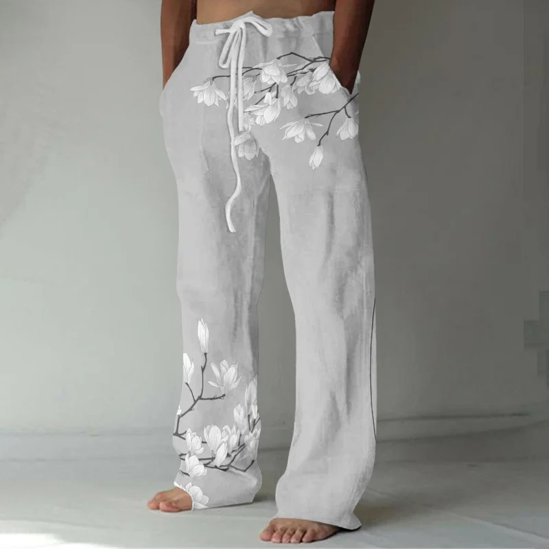 Summer Hawaiian Style Linen Pants Fashion 3D Printed Note Wide Leg Pants Holiday Casual Loose Pants Men's Loose Beach Pants
