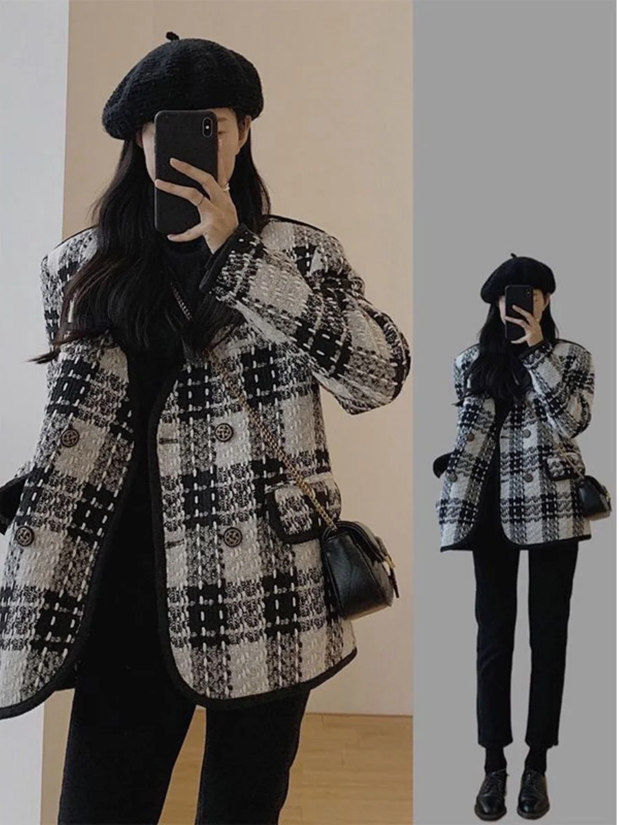 

plus Size Women's Autumn Winter Plaid Jacket Loose Fit Korean Style Small Fragrance Style Outerwear Casual And Pear Bod...