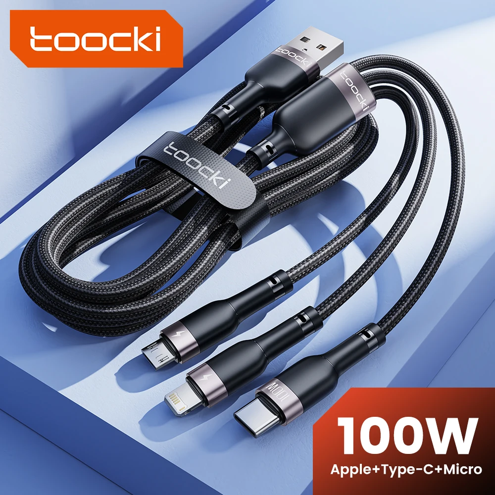 Toocki 3 in 1 USB Cable To Micro USB Type C Lightning 100W Fast Charger Cord for iPhone 14 13 12 Pro Max Samsung Xiaomi Huawei