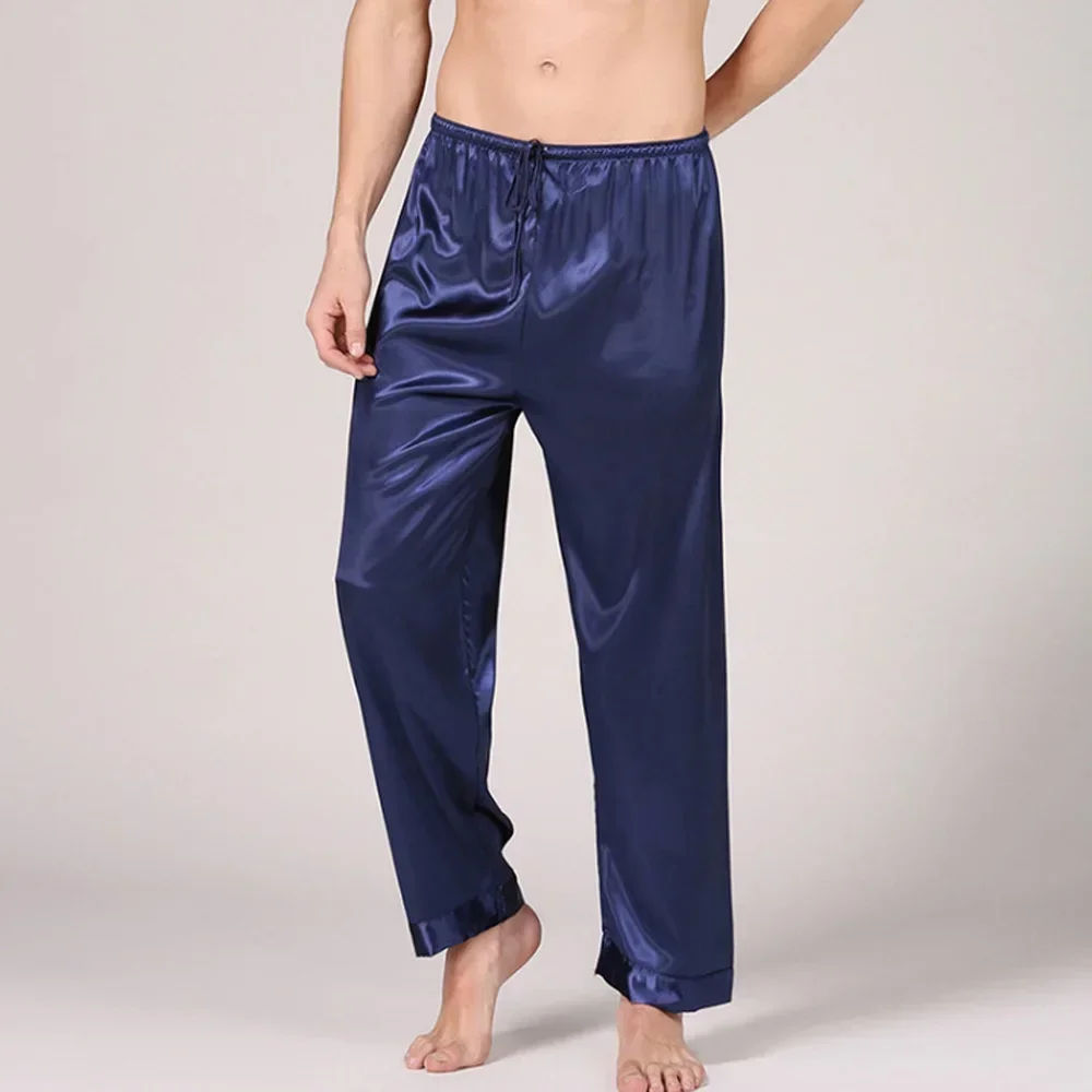 Imitado seda cetim masculino cor sólida respirável macio sleep bottoms pijamas calças pijamas roupas