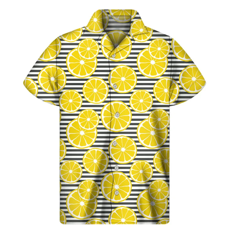 Camisa con estampado 3d de limón para hombre, blusa Hawaiana de manga corta con solapa, estampado de plantas tropicales, botón Aloha, vacaciones de verano