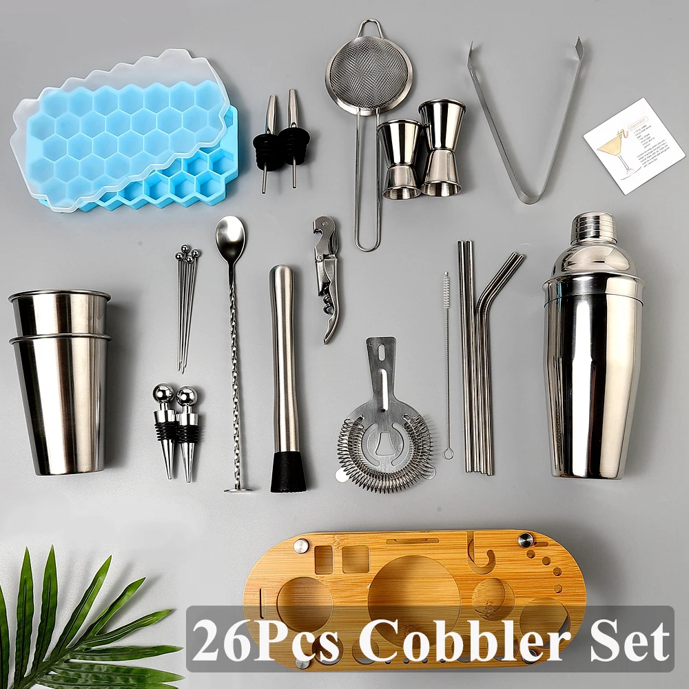 23-26pcs Boston Cocktail Shaker Set Wine Mixer Bartender Kit Cobbler Shaker Bars Set Tools Ice Cube Mold With Wooden Stand