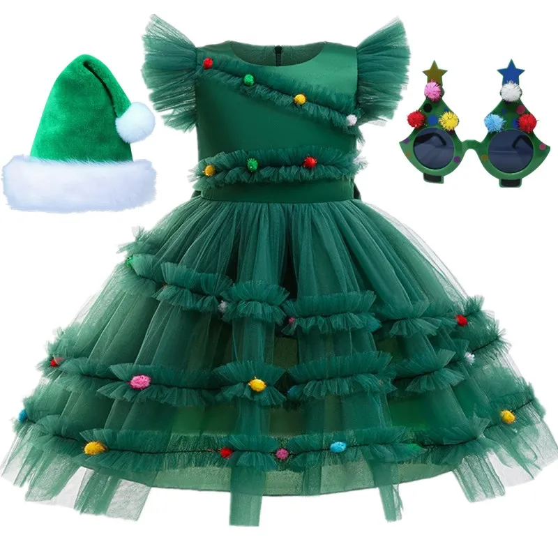 Girls Green Dress+Hat and Glasses Sets for Easter girls Elf Cosplay Family Carnival Party Fancy Princess Dress Saint Patrick
