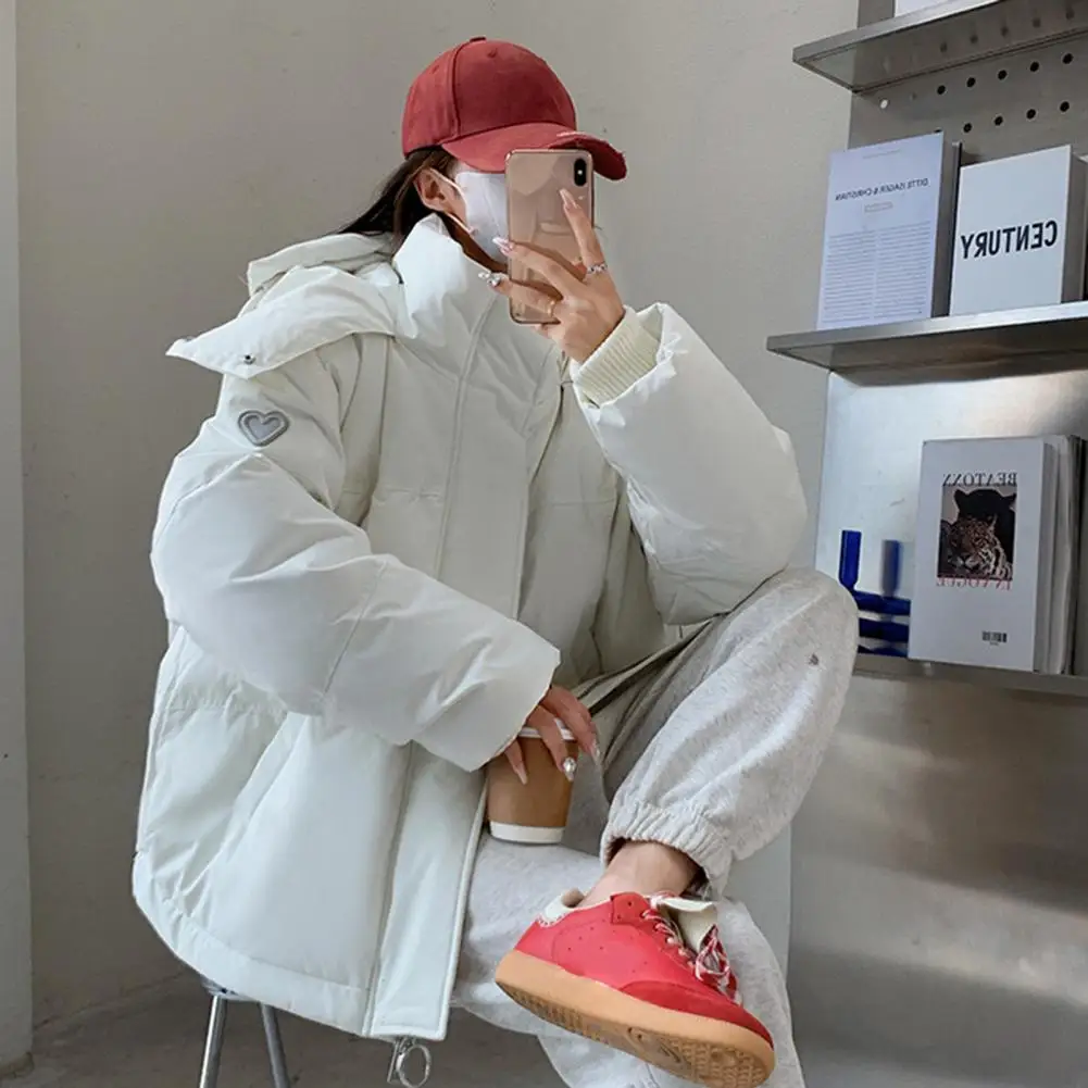 Winter Down Coat Thickened Padded Hooded Stand Collar Zipper Closure Pockets Parka Windproof Heat Retention Cotton Jacket 50