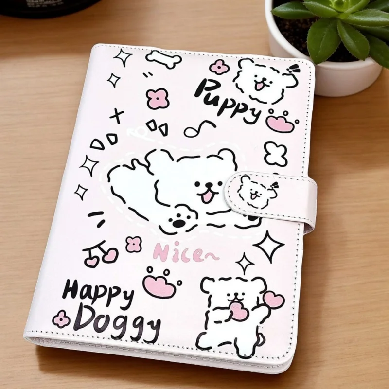 キュートなラインデザインの子犬型PUレザー製ルーズリーフフォトカードホルダーオーガナイザーバインダー、フォトカード、日記、ジャーナルアクセサリー（学生向け）