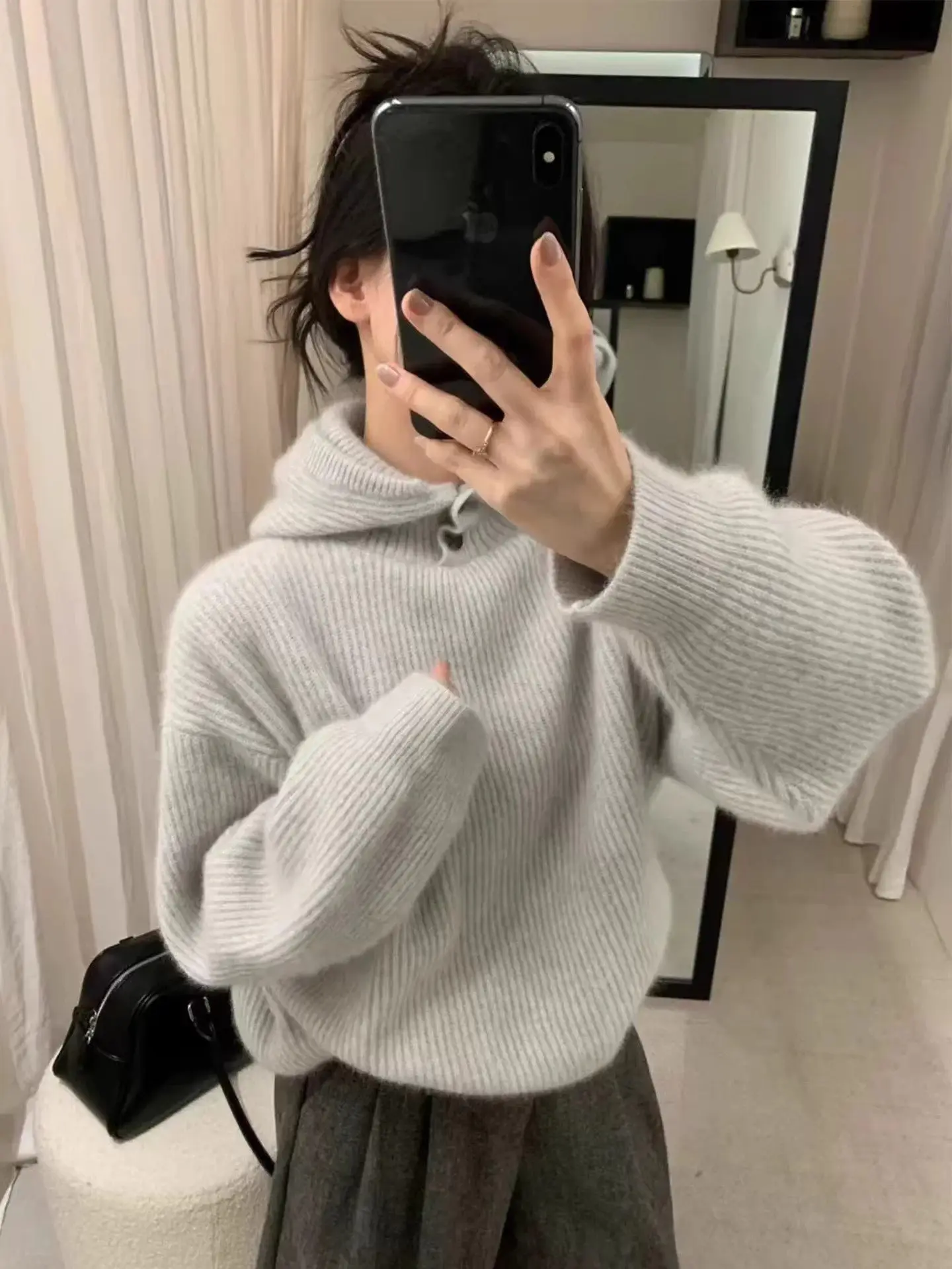 

Корейский свитер с капюшоном из меха медведя, женский, осенне-зимний, свободный, повседневный, мягкий, толстый, вязаный топ