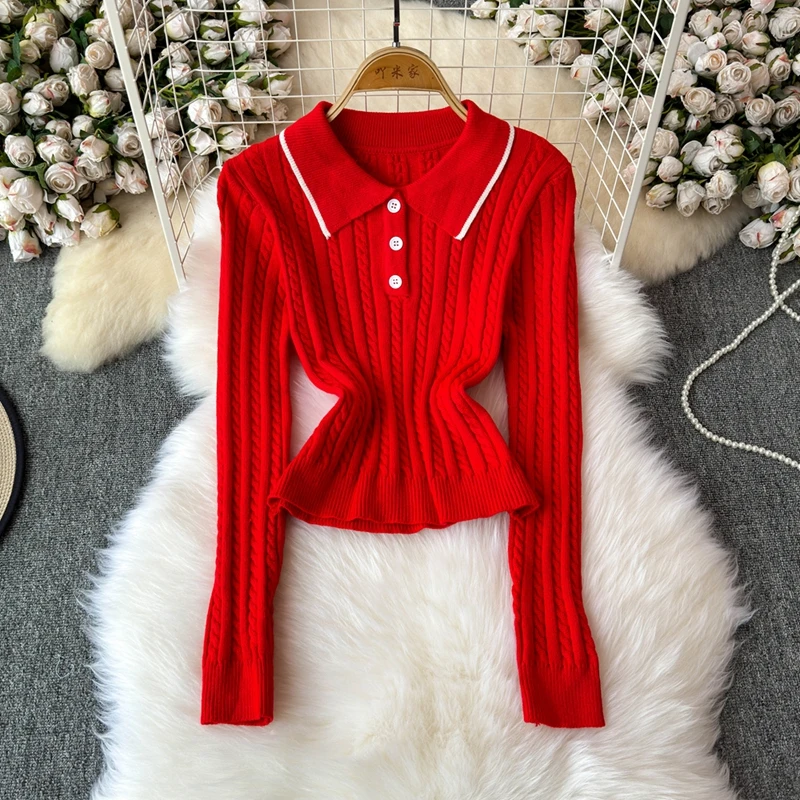 REALEFT Autumn Winter 2 Pieces Women\'s Sets Knitted Tracksuit Polo Collar Sweater and A-line Skater Skirts Suits 2024 New