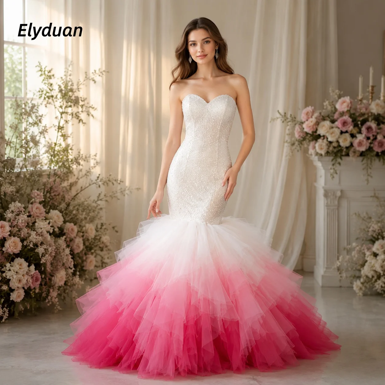 Romantic Pink And White Mermaid Wedding Dress Strapless Sparkly Sequins Beaded Fitted Tiered Tulle Long Bridal Gown Customized