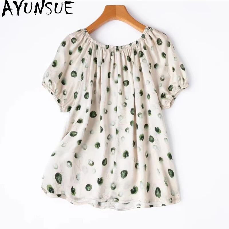 

AYUNSUE 100% Silk Women's Blouses and Shirts Short Sleeve Summer Tops for Woman High Quality Sweet Blouse Woman Clothes Рубашка
