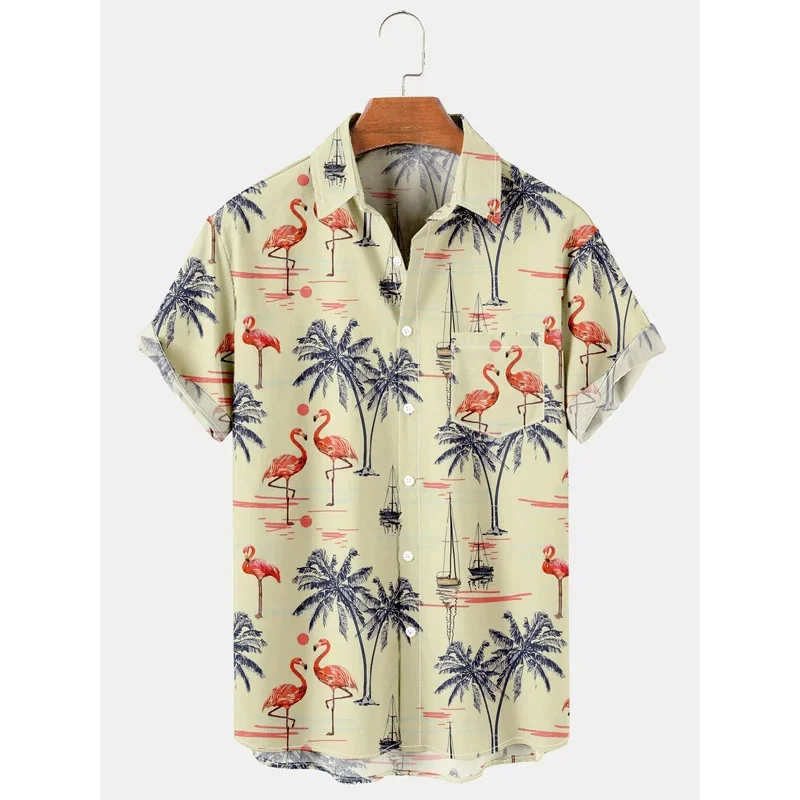 

Men'S Vacation Resort Coconut Flamingo 3D Print Turndown Collar Shirt Casual Short Sleeve Shirt Summer Loose Shirts For Boys