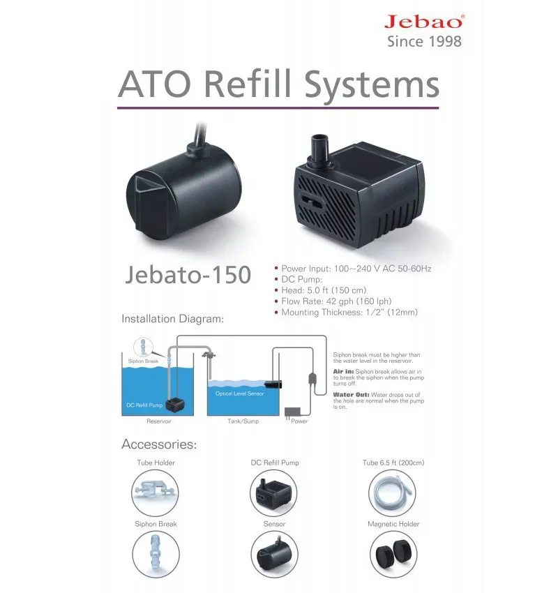 Jebao Aquarium ATO Auto Refill Systems Jebato-150 100~240V AC 50-60Hz DC Pump fit for Freshwater and Marine Fish Tank