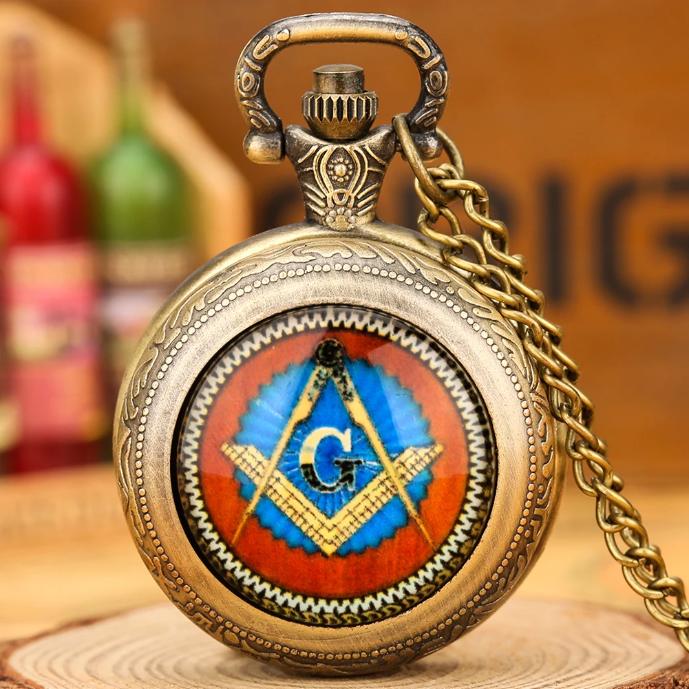 Small Size Freemason Logo Pocket Watch Quartz Retro Pocket Clock to Men Arabic Numeral Dial Slim Pendant Gifts for Freemasonry