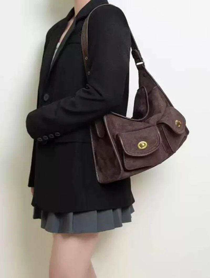 

Сумка через плечо на одно плечо, повседневная пригородная большая вместительная замшевая сумка-подушка в винтажном стиле, полиэстеровая подкладка с застежкой