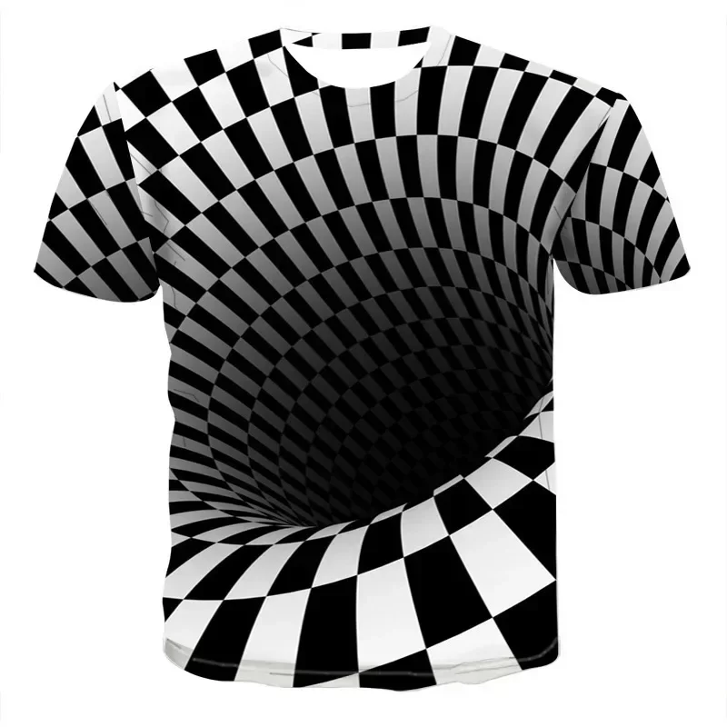 Fashion Men's Optical Illusion Vortex Checkerboard T-Shirt Spiral 3D Visual Graphic Crew Neck Short Sleeve Funny Tee Tops
