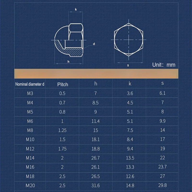 M3 M4 M5 M6 M8 M10 M12 M14 M16 M18 M20 Brass Hex Hexagon Nuts Acorn Nut Semicircle Decorative Dome Cover Head Blind Nut