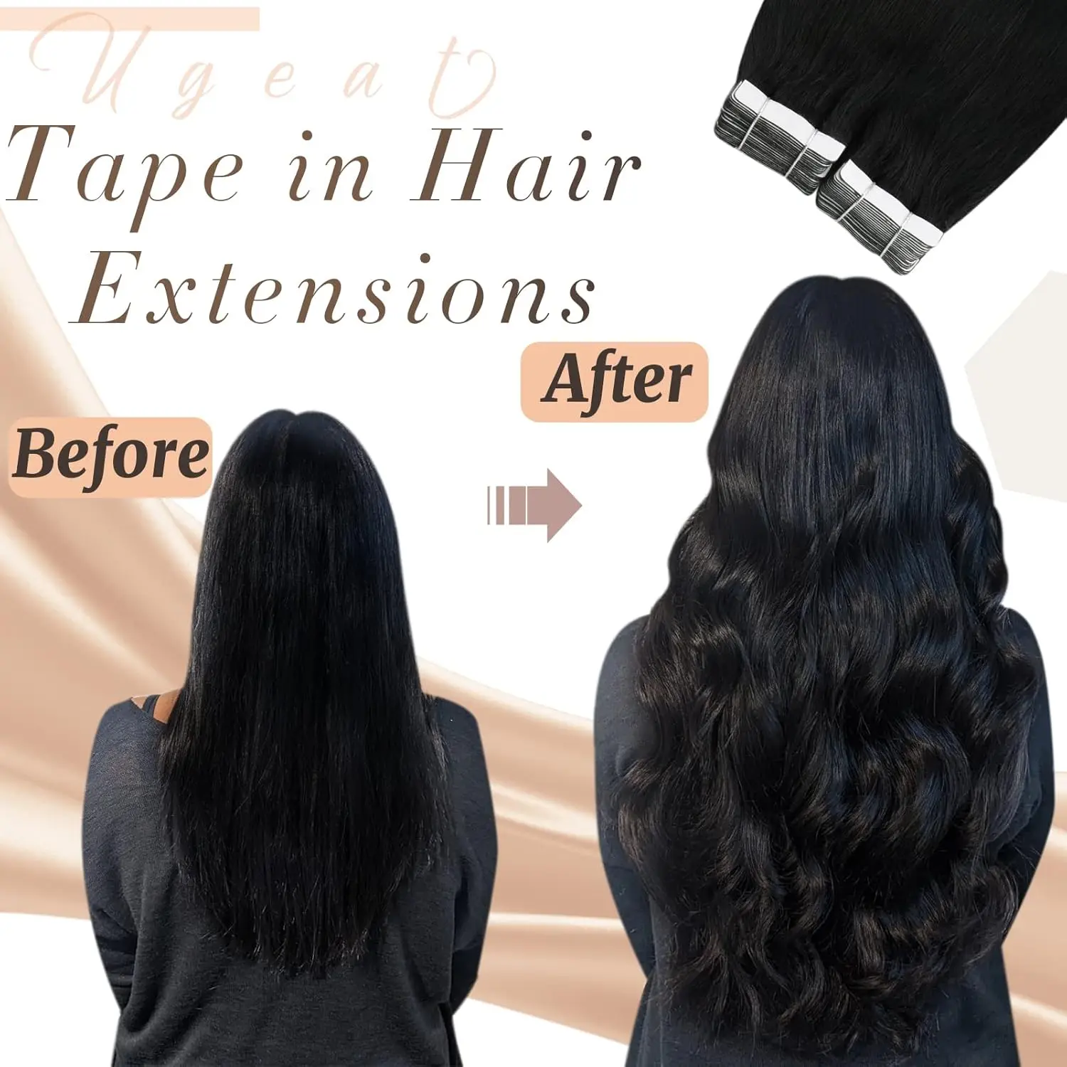 Ugeat Tape in Hair Extensions Human Hair Black Girl Tape in Human Hair Extensions Jet Black Seamless Invisible Hair Extensions