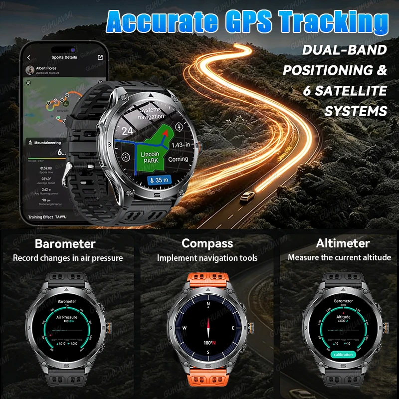 2026 새로운 울트라 밀리터리 그레이드 1000mAh 배터리 스마트 워치 10ATM 방수 GPS 나침반 HD 통화 1.73인치 AMOLED 170+스포츠 스마…