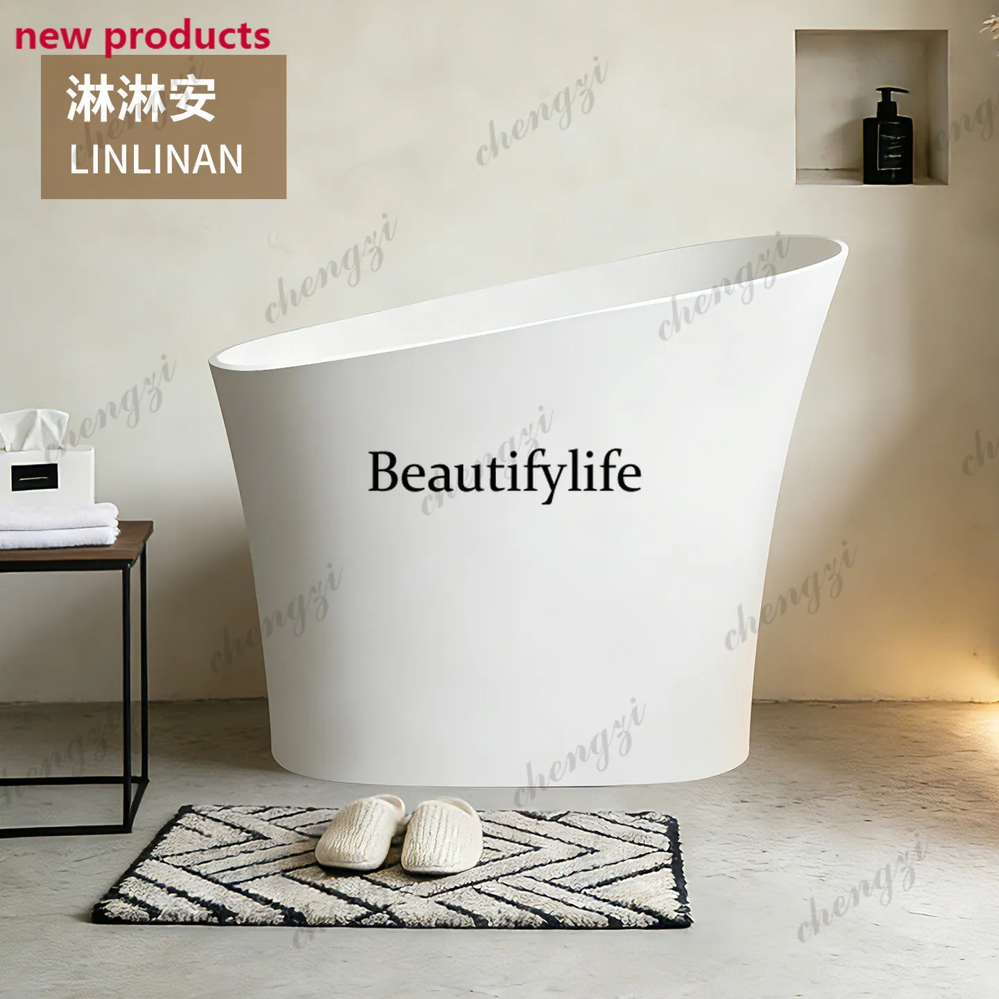 a68Artificial stone bathtub Mini household independent individual homestay integrated molding oval deep bubble bathtub