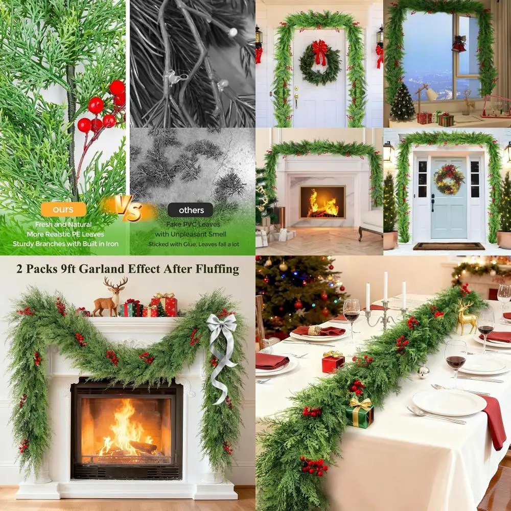 

9-Foot Realistic Cedar Garland with Red Berries, Flexible Faux Pine for Christmas Decor Inside and Out (2 Packs)