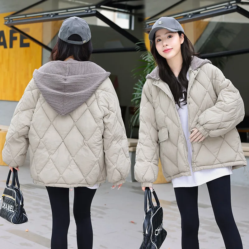 

2023 New Winter Thicken Down Cotton Warm Jacket Coat Women Casual Parkas Autumn Cotton Padded Loose Fashion Knitted Hat Outwear