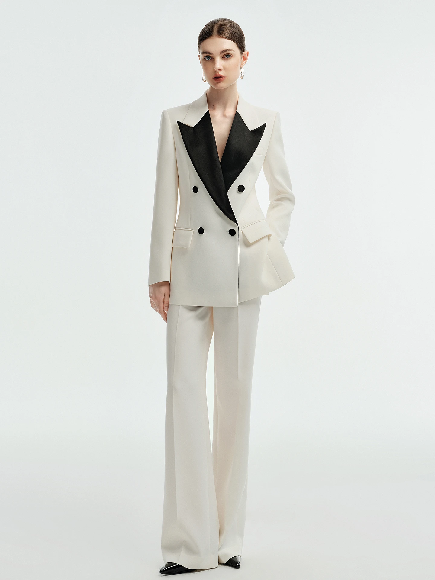 Business Suit High Waist Wide Leg Pants Set for Women Black White Color Block Suit Jacket Fashionable Design President Commut...