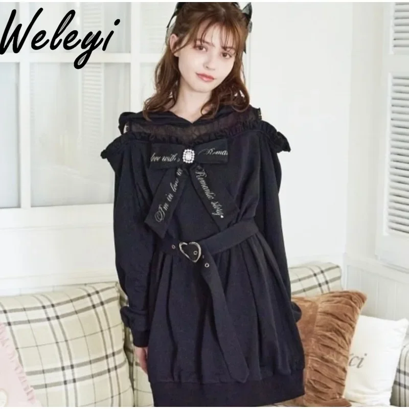 Ropa Mujer Kawaii Lolita Hoodies Autumn Fashion New Hooded Lace Stitching Off Shoulder Long Sleeved Embroidered Bow Loose Hoodie