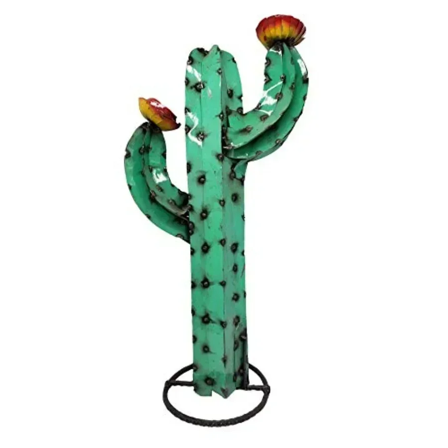 27 Rusty Metal Yard Art: Saguaro Cactus Sculpture with Flower, Turquoise Outdoor Decor for Garden and Patio
