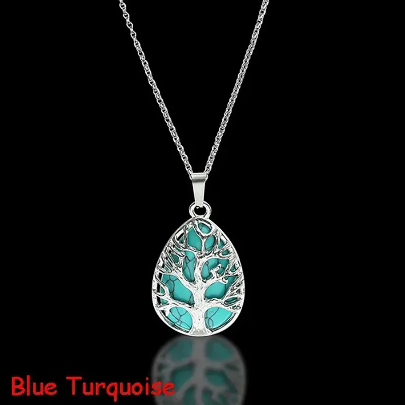 Tree of Life Natural Gemtone Crystal Amethyst Rose Quartz Tiger Eye Stone Water Drop Pendant Necklace for Women Men Jewelry