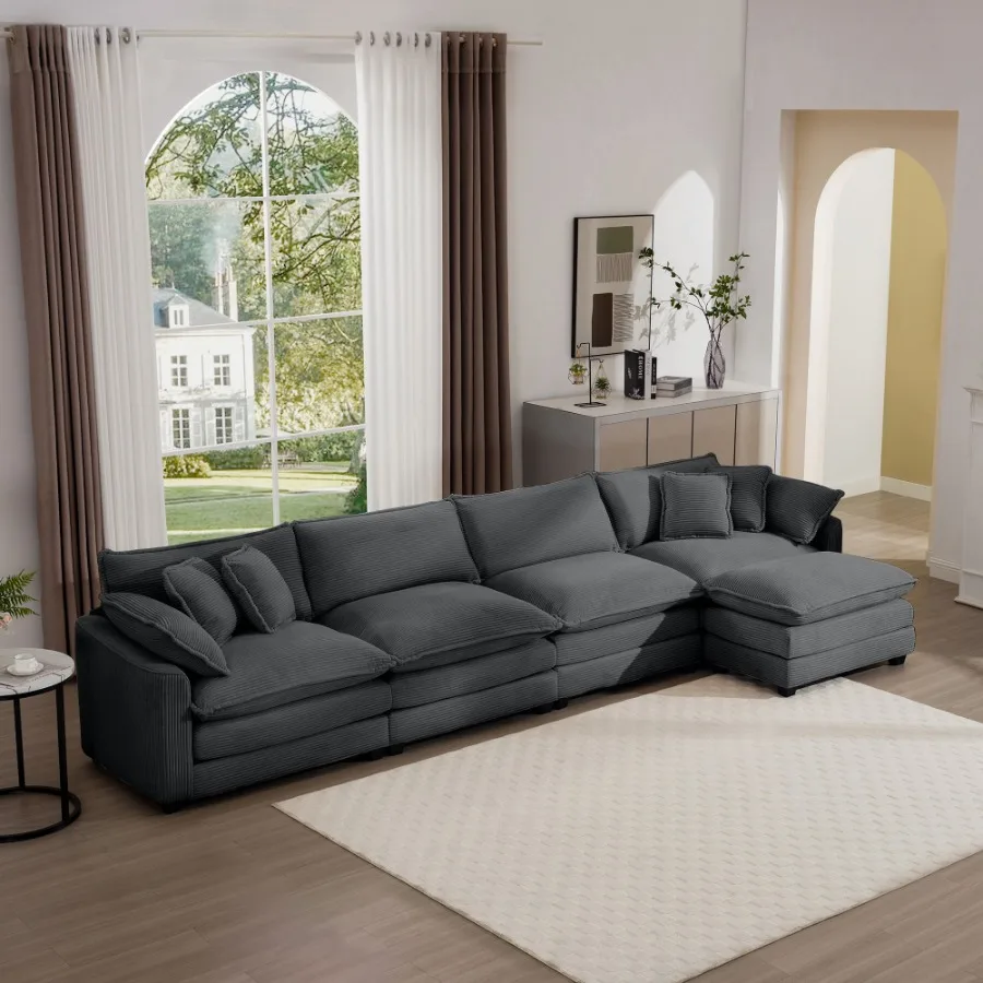 

Corduroy Sofa - Modern Upholstered 4 Seater with with 1 Footstool Corduroy Fabric Sofa Office Living Room Apartment Comfort Sof