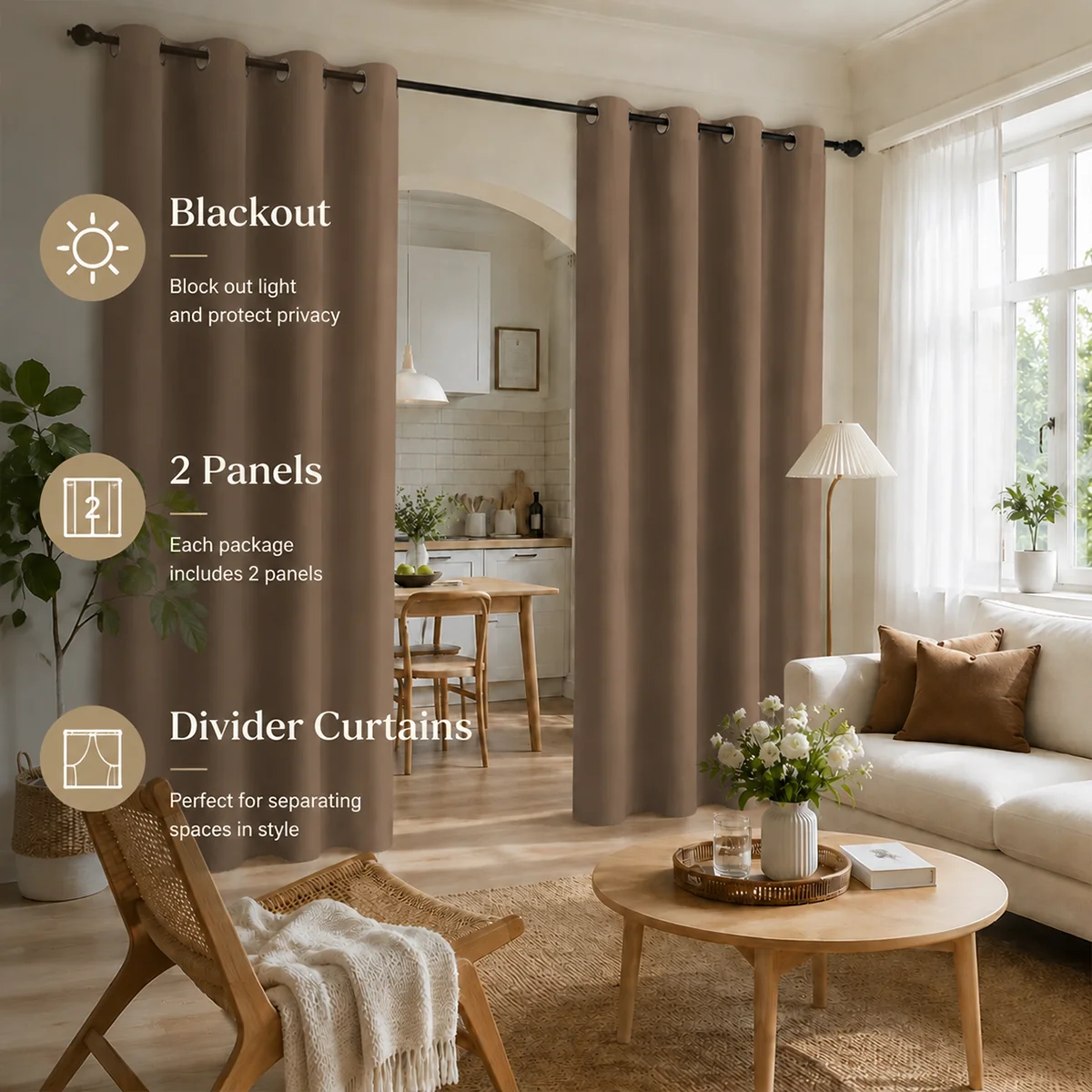 2 Panels Blackout Solid Color Grommet Top Privacy Protection Noise Reduction Divider Curtains for Bedroom, Living Room, Dining Room, Office