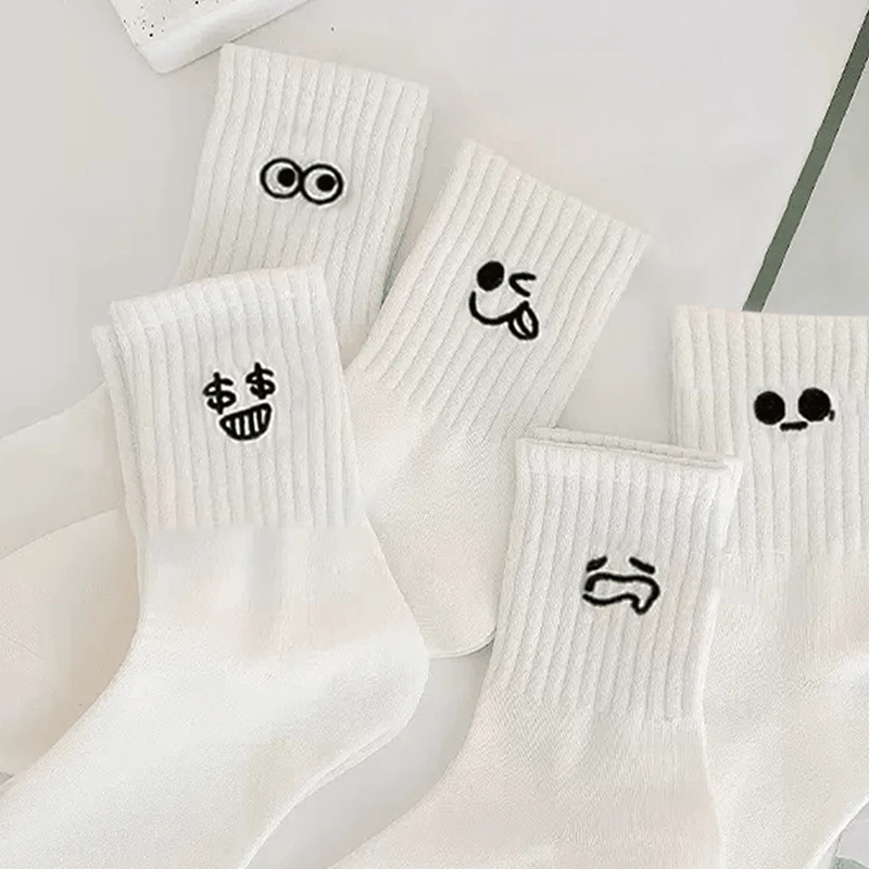 5 Pairs Women's Cartoon Socks Round Neck Mid Tube Fashionable Cute Expression Pattern Socks Casual Breathable Autumn Girls Socks image 3