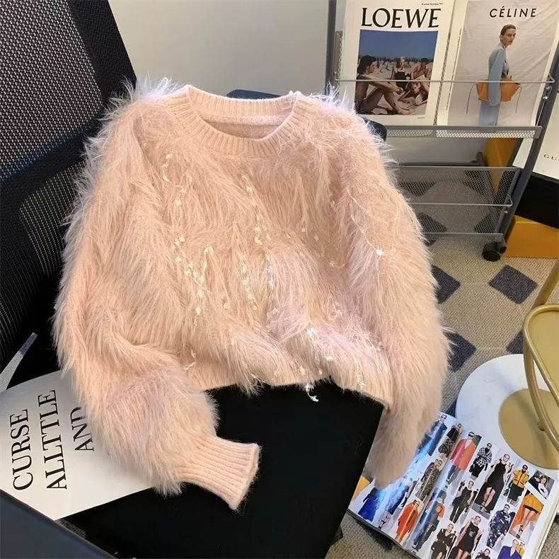 Milk Fufu Lazy Soft Sticky Pink Women's 2024 Autumn Gentle Sweet Short Tassel Mink Velvet Knitted Sweater