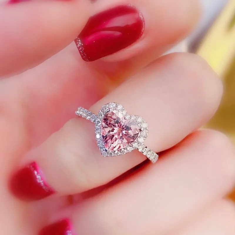 Luxury Heart Shape Pink Silver Color Cute Fashion Promise Ring for Women Girl Party Wedding Gift Trendy Jewelry