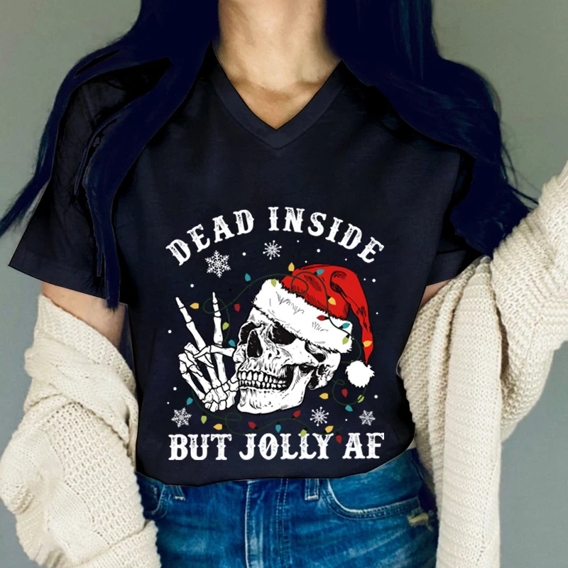 New Women\'s Christmas Skull Print Vintage T Shirt Short Sleeve V-Neck Streetwear \