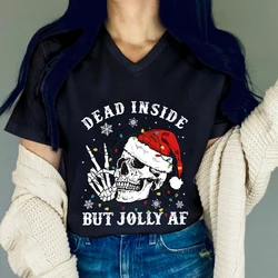 New Women's Christmas Skull Print Vintage T Shirt Short Sleeve V-Neck Streetwear 